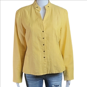 Coldwater Creek Yellow Linen Rayon Mandarin Collar Snap Front Jacket Bla…